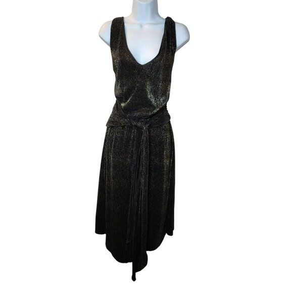 Rachel Rachel Roy Sparkle Pleated Midi Dress 2X | Black Gold | Waist Tie - Picture 12 of 12